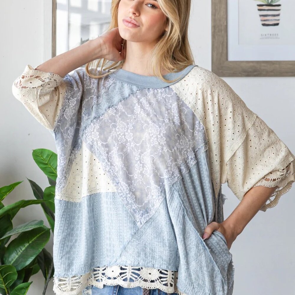 Oli & Hali Washed Mix Media Casual Top NEW Size Small